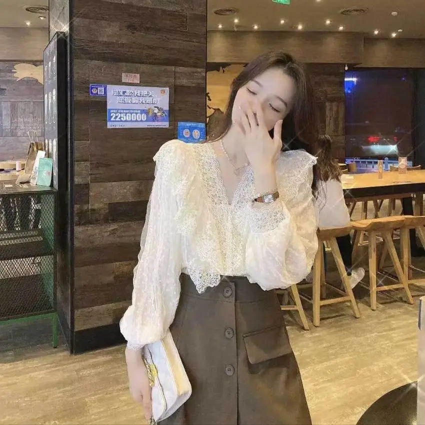 Vintage Lace V-Neck Long Sleeve Shirt Women Autumn - Image 6