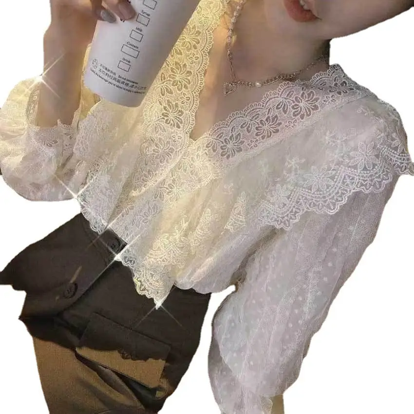 Vintage Lace V-Neck Long Sleeve Shirt Women Autumn - Image 7
