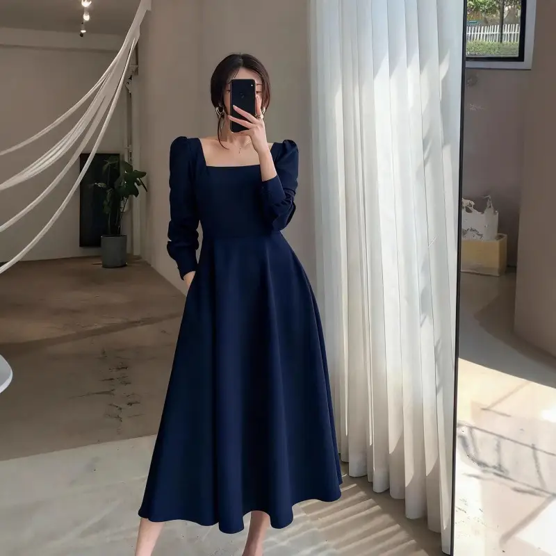 Hepburn Style Black Square Collar Long Skirt Dress for Women - Image 4