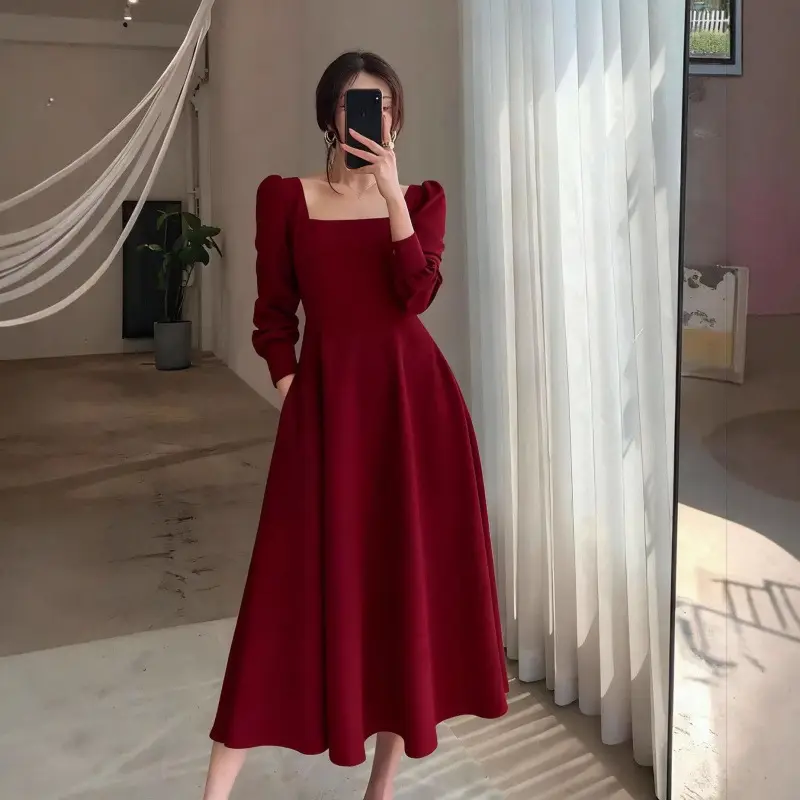 Hepburn Style Black Square Collar Long Skirt Dress for Women - Image 2