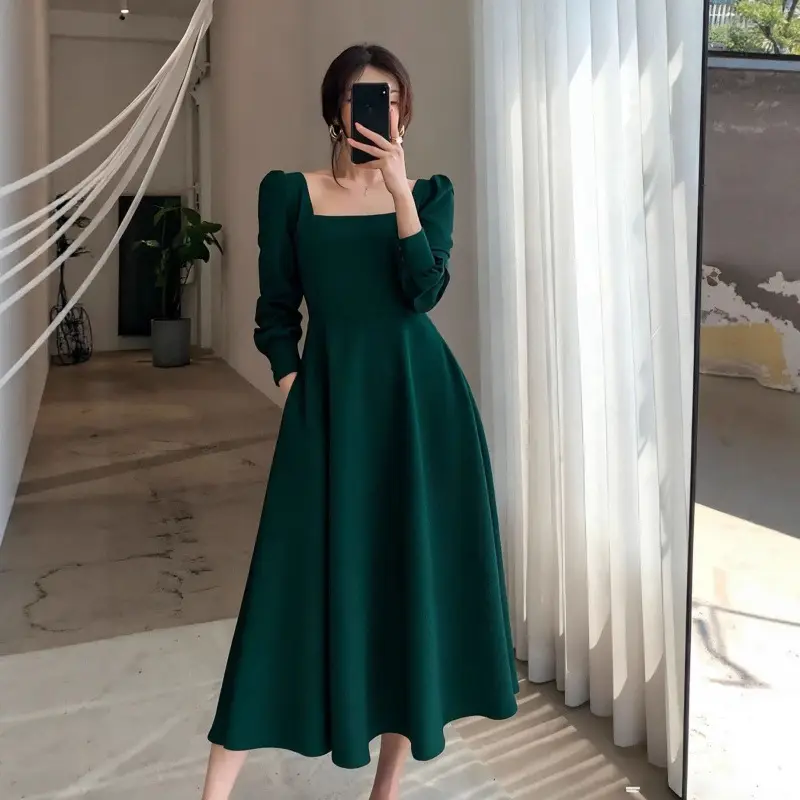 Hepburn Style Black Square Collar Long Skirt Dress for Women - Image 3