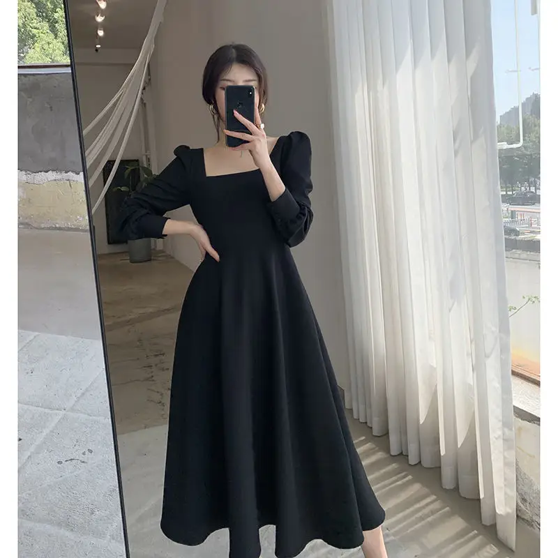 Hepburn Style Black Square Collar Long Skirt Dress for Women - Image 6