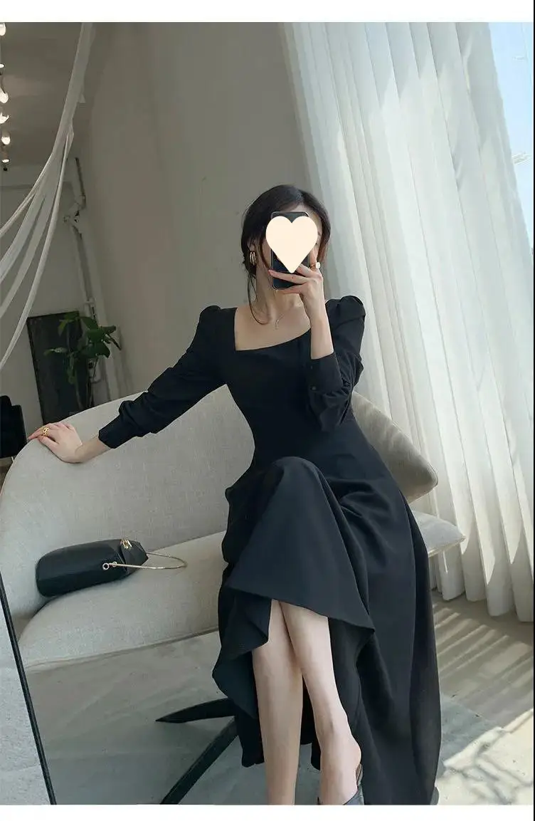 Hepburn Style Black Square Collar Long Skirt Dress for Women — feature 10