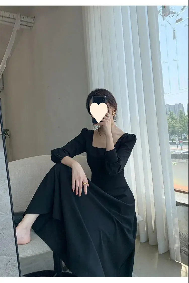 Hepburn Style Black Square Collar Long Skirt Dress for Women — feature 11