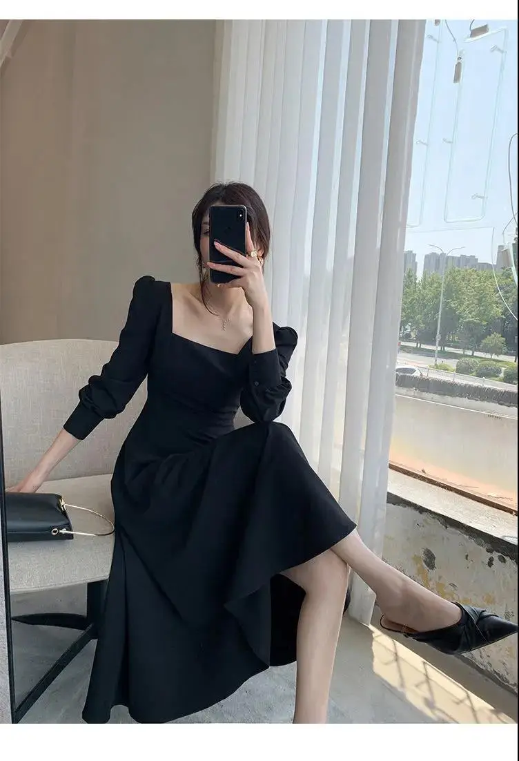Hepburn Style Black Square Collar Long Skirt Dress for Women — feature 12