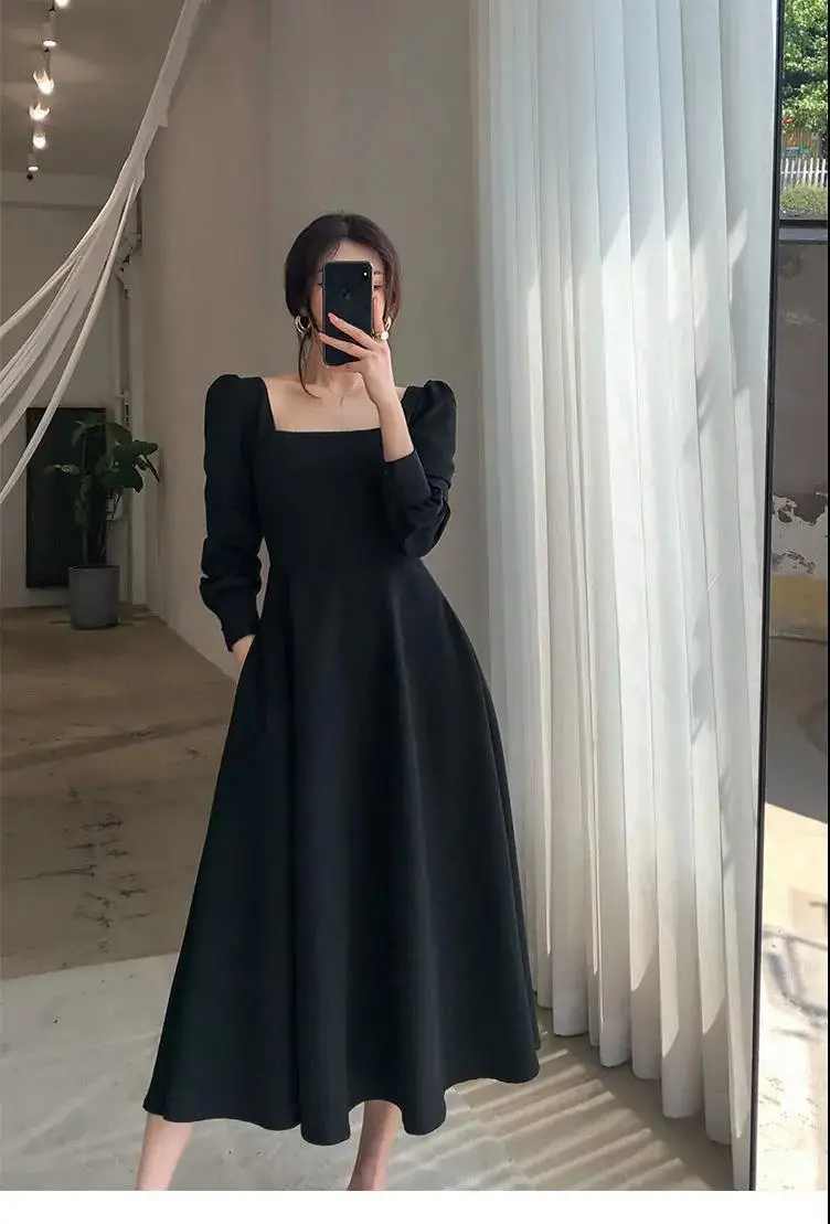 Hepburn Style Black Square Collar Long Skirt Dress for Women — feature 2