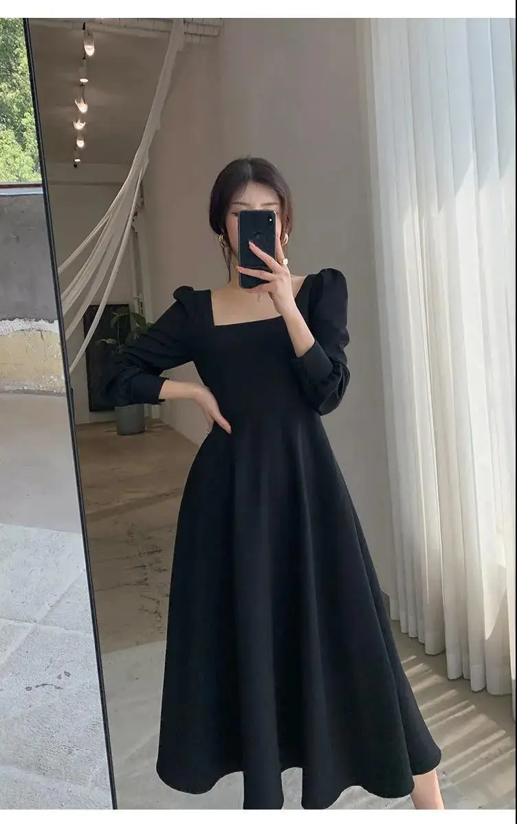 Hepburn Style Black Square Collar Long Skirt Dress for Women — feature 3