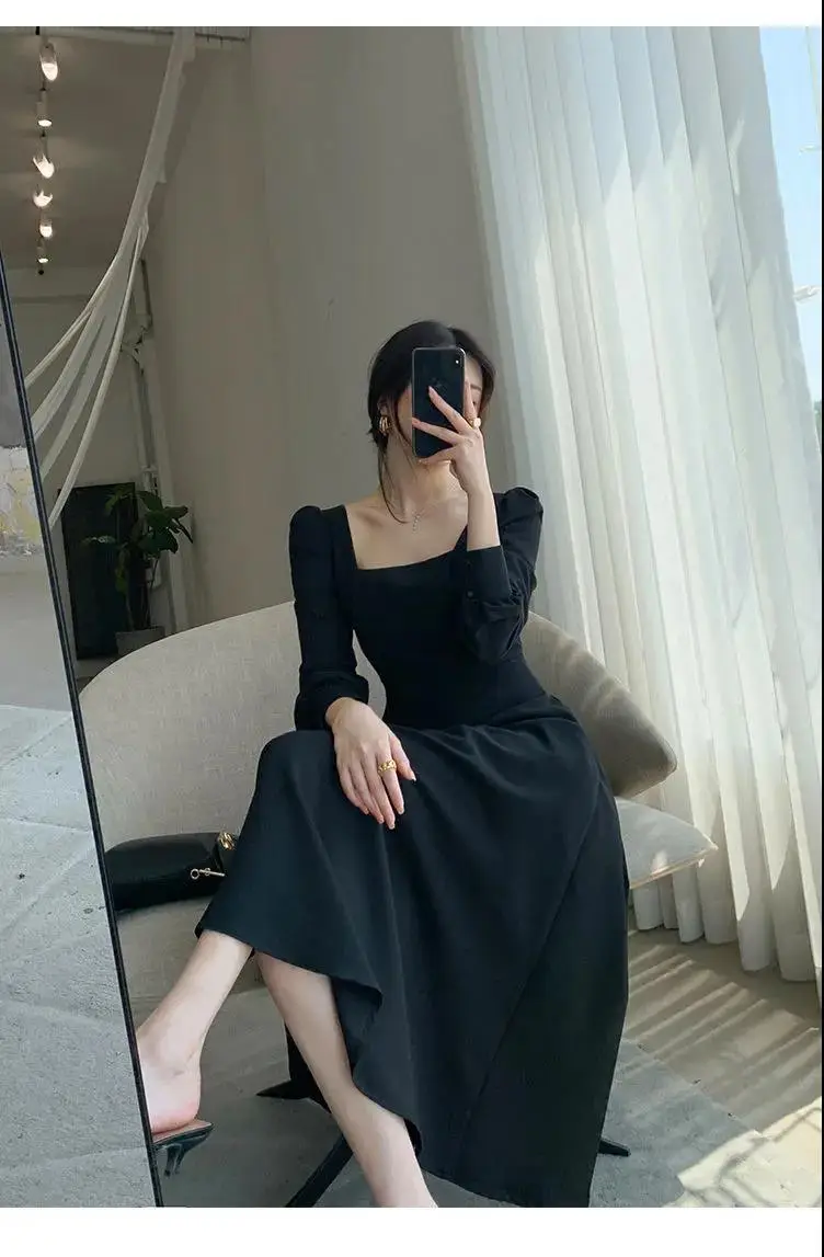 Hepburn Style Black Square Collar Long Skirt Dress for Women — feature 4