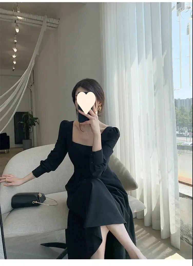 Hepburn Style Black Square Collar Long Skirt Dress for Women — feature 5