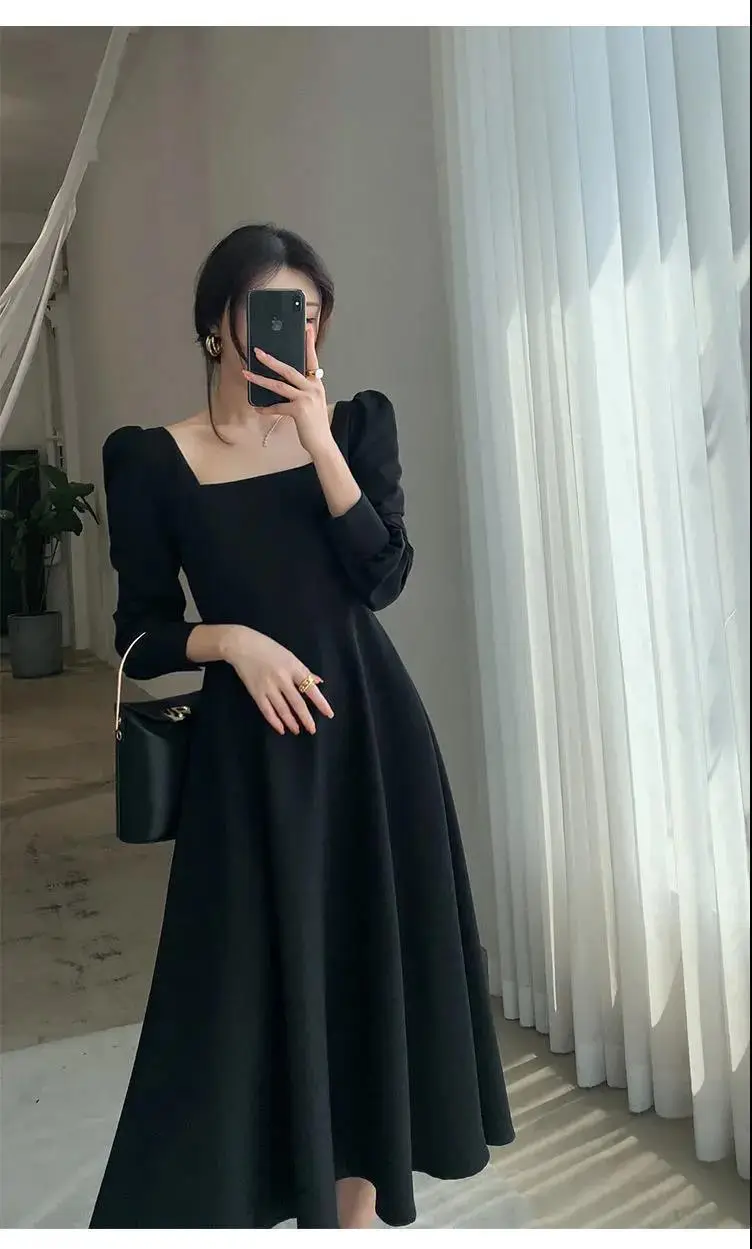 Hepburn Style Black Square Collar Long Skirt Dress for Women — feature 6