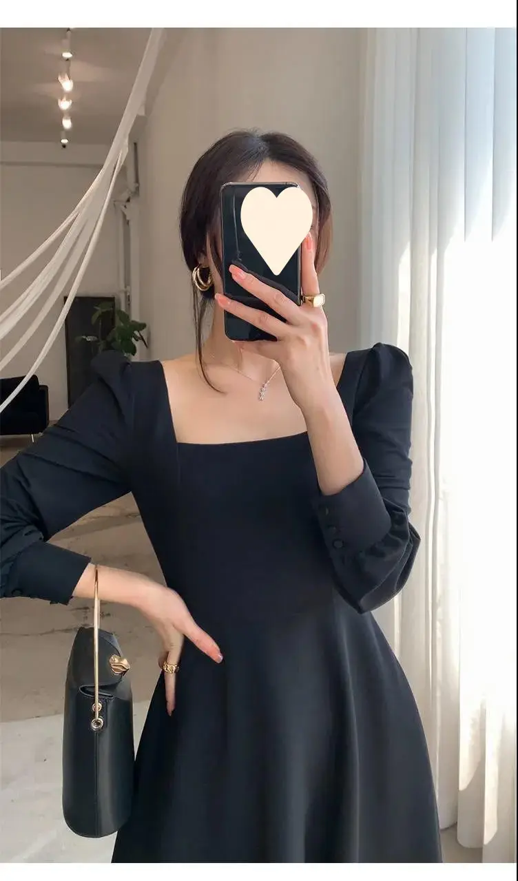 Hepburn Style Black Square Collar Long Skirt Dress for Women — feature 7