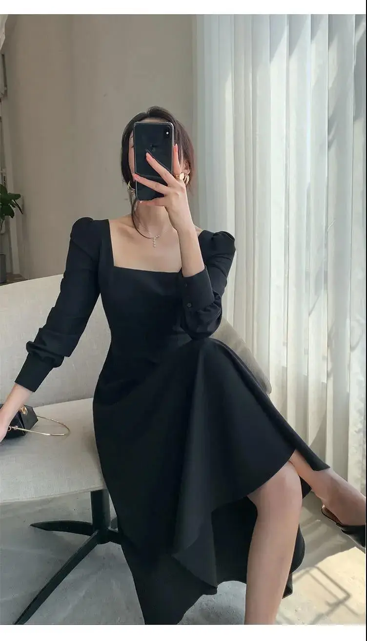 Hepburn Style Black Square Collar Long Skirt Dress for Women — feature 8