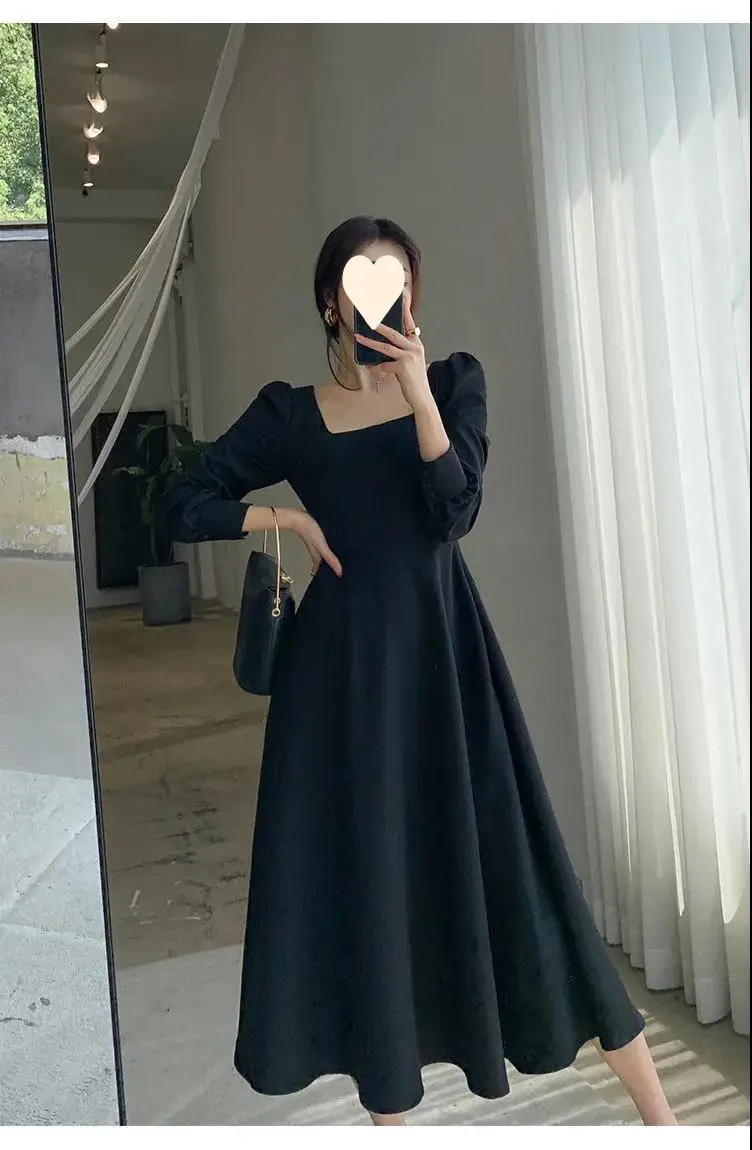 Hepburn Style Black Square Collar Long Skirt Dress for Women — feature 9
