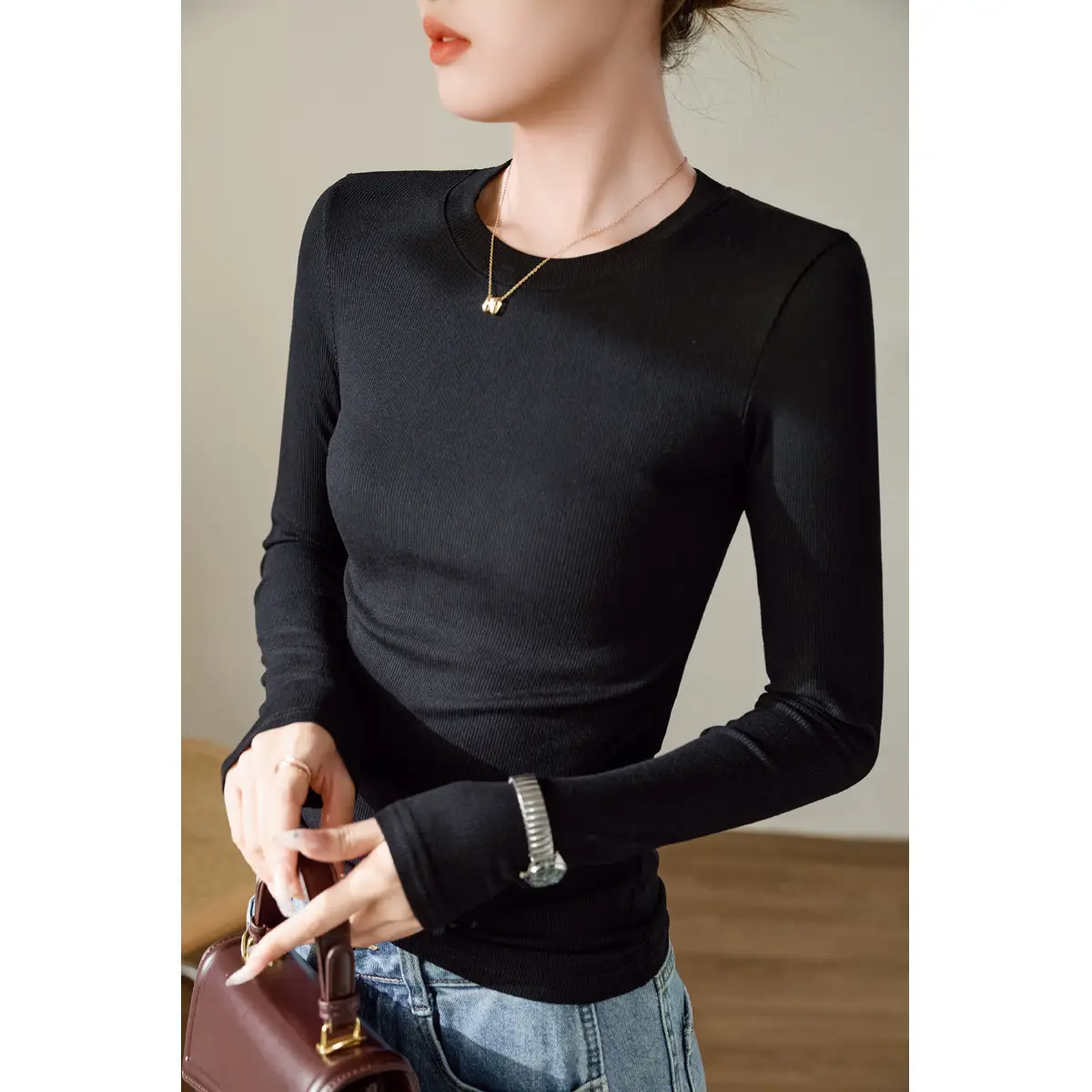 Women's 300g Cotton Long Sleeve Slim Top T-Shirt - Image 2