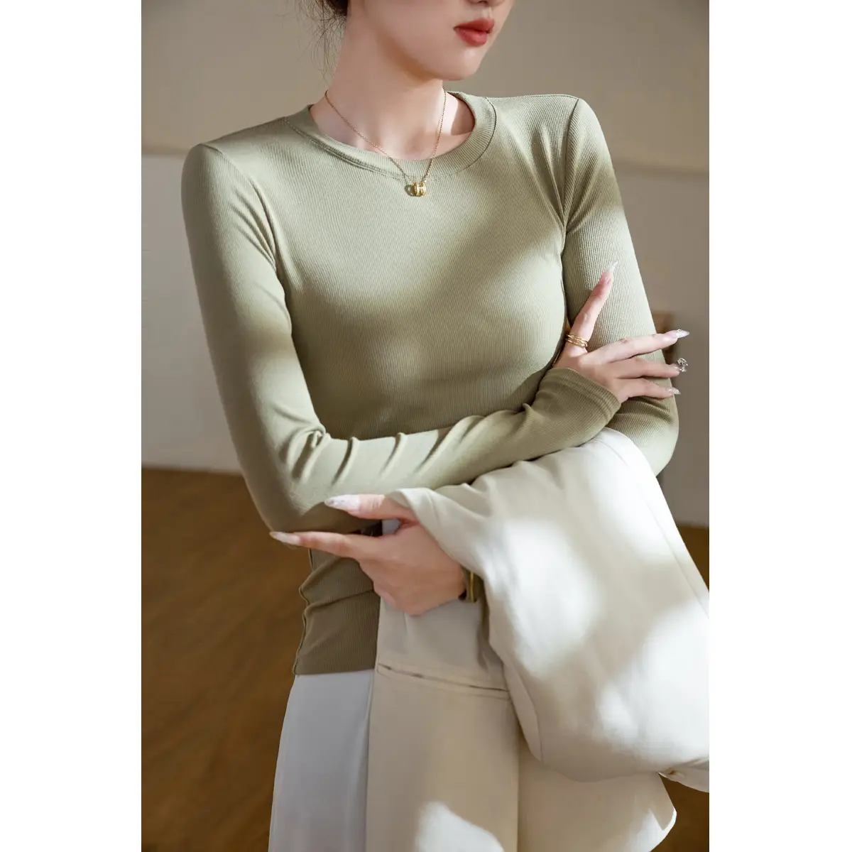 Women's 300g Cotton Long Sleeve Slim Top T-Shirt - Image 4
