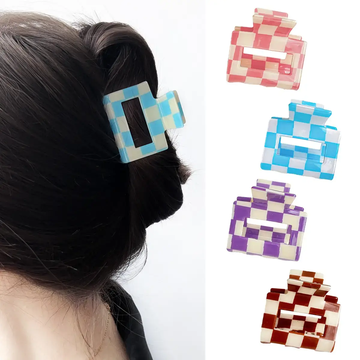 Cross Checkerboard Hair Grab Clip with Acrylic Finish - Image 47