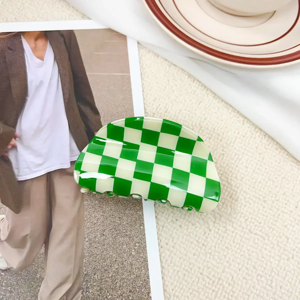 Cross Checkerboard Hair Grab Clip with Acrylic Finish - Image 14