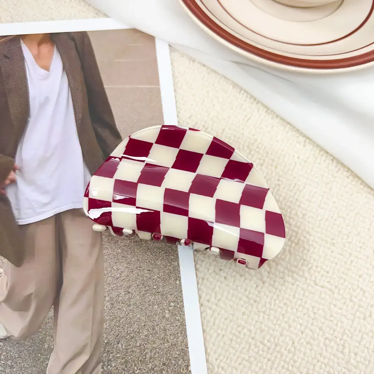 Cross Checkerboard Hair Grab Clip with Acrylic Finish - Image 18