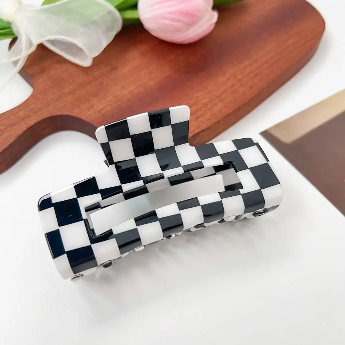 Cross Checkerboard Hair Grab Clip with Acrylic Finish - Image 37