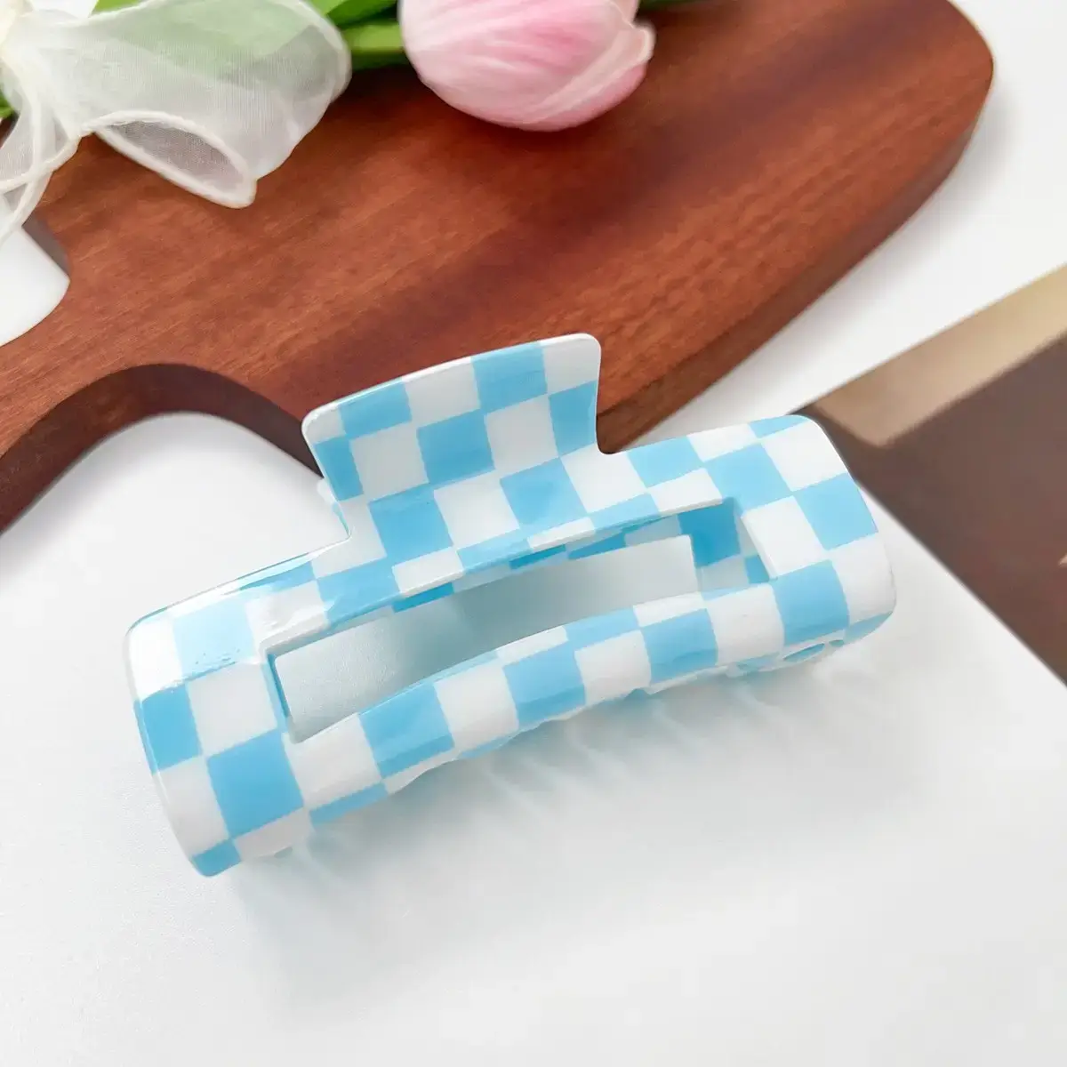 Cross Checkerboard Hair Grab Clip with Acrylic Finish - Image 38