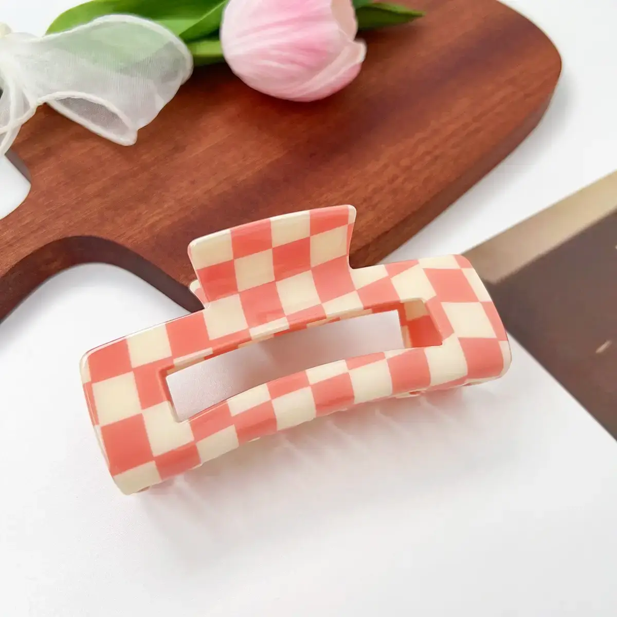Cross Checkerboard Hair Grab Clip with Acrylic Finish - Image 39