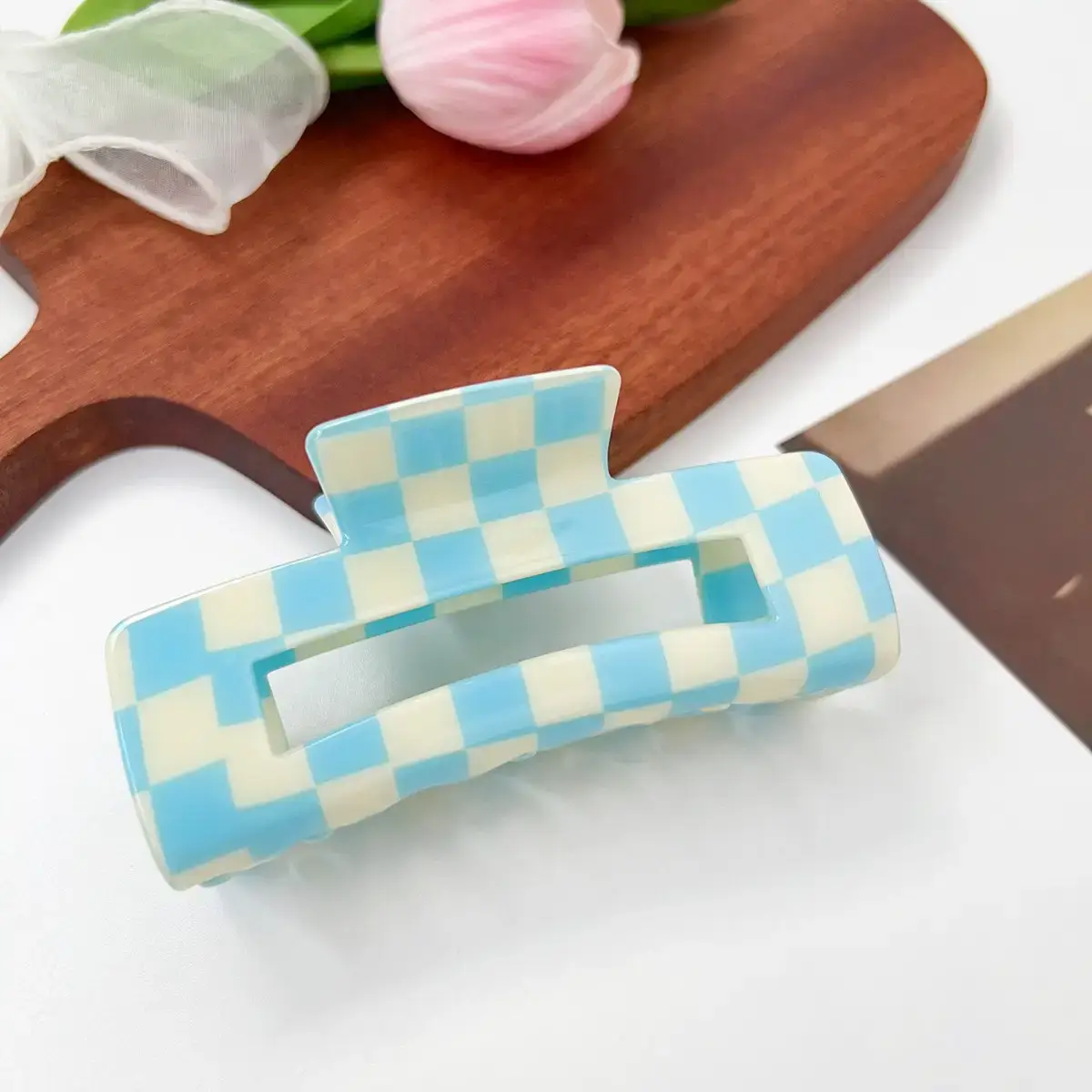 Cross Checkerboard Hair Grab Clip with Acrylic Finish - Image 40