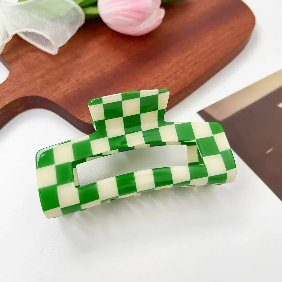 Cross Checkerboard Hair Grab Clip with Acrylic Finish - Image 41