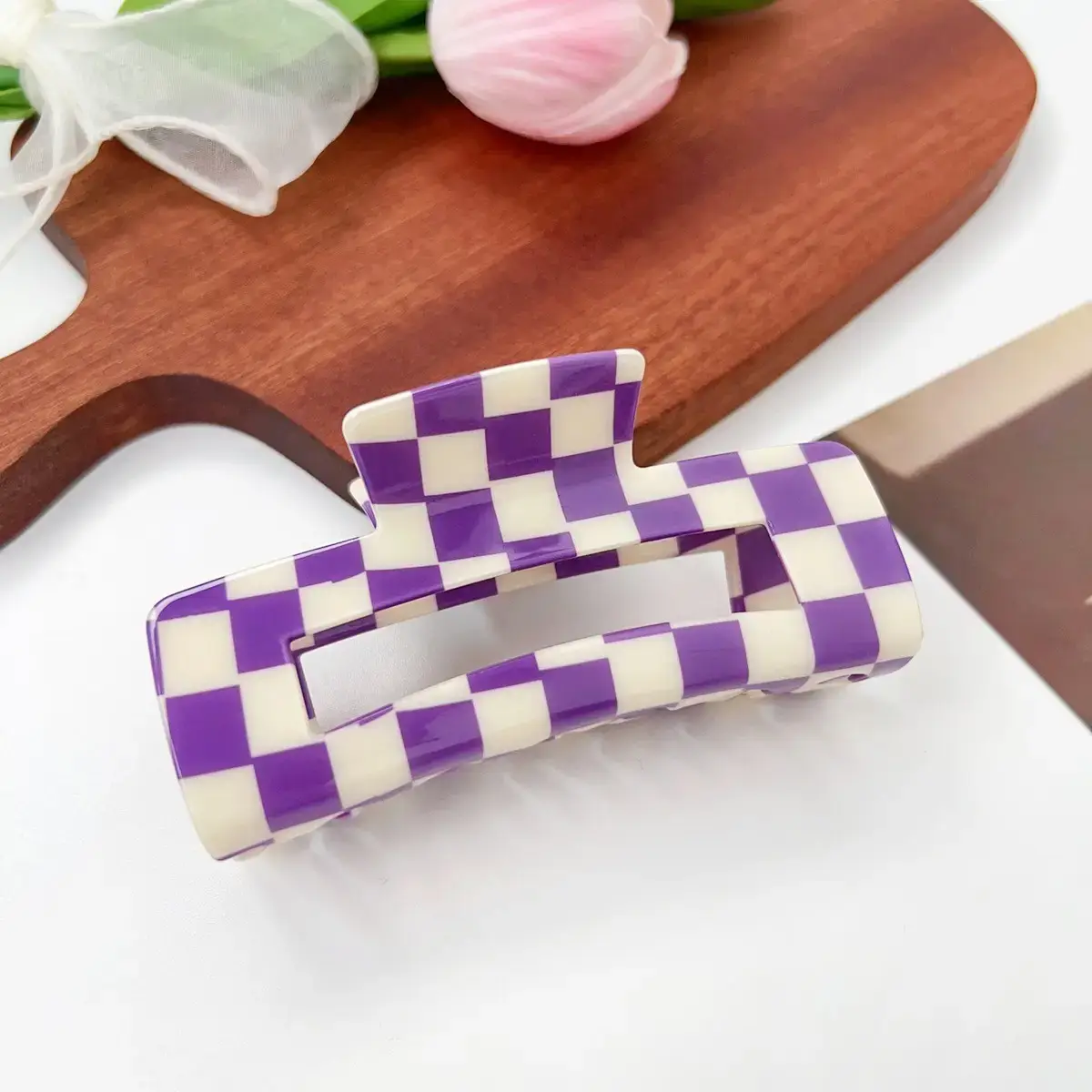 Cross Checkerboard Hair Grab Clip with Acrylic Finish - Image 42