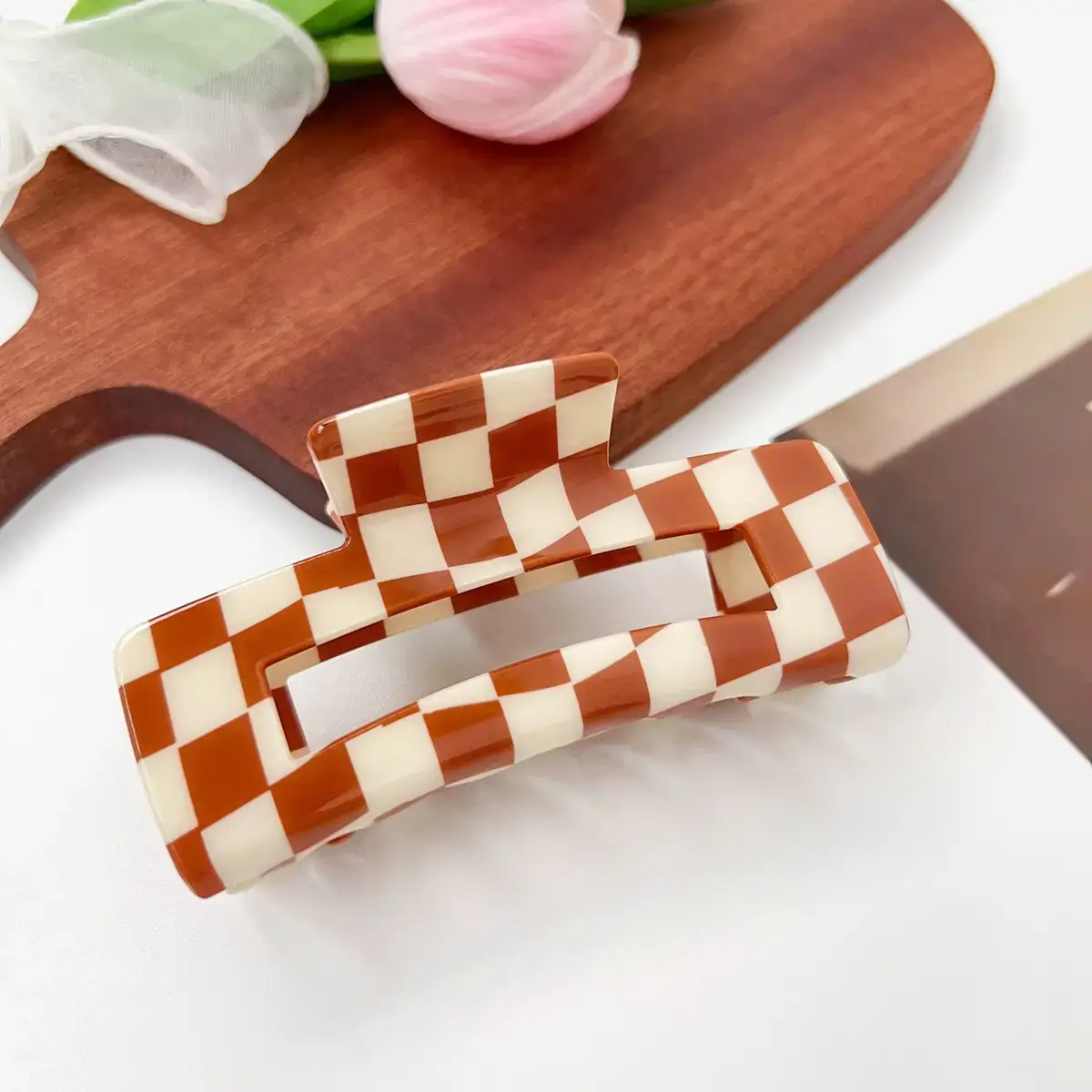 Cross Checkerboard Hair Grab Clip with Acrylic Finish - Image 43