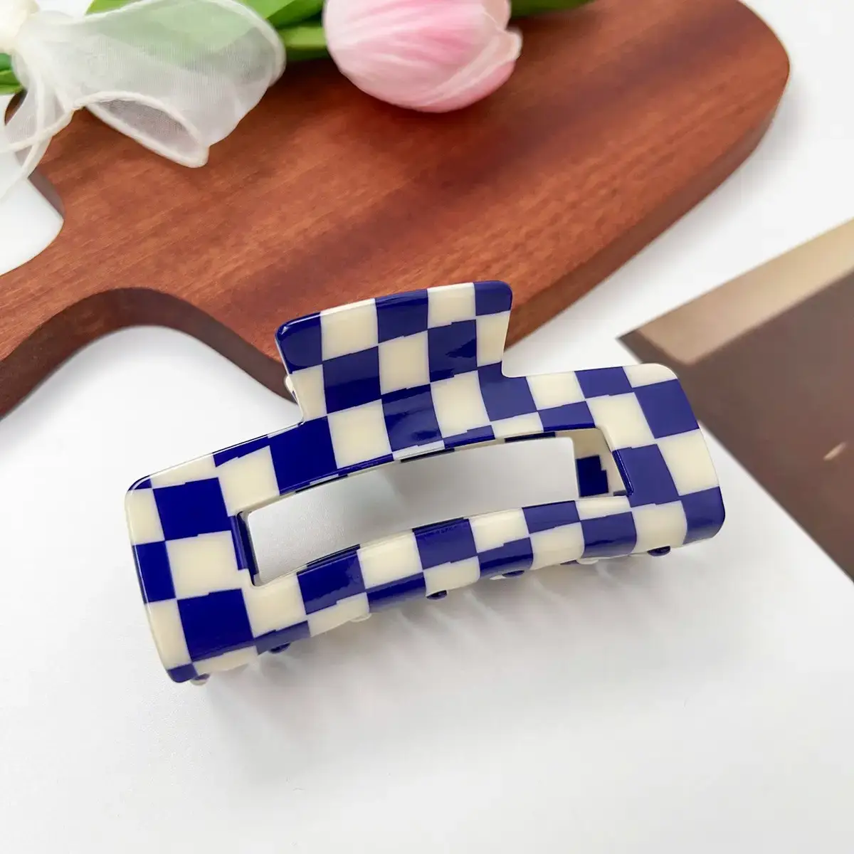 Cross Checkerboard Hair Grab Clip with Acrylic Finish - Image 44