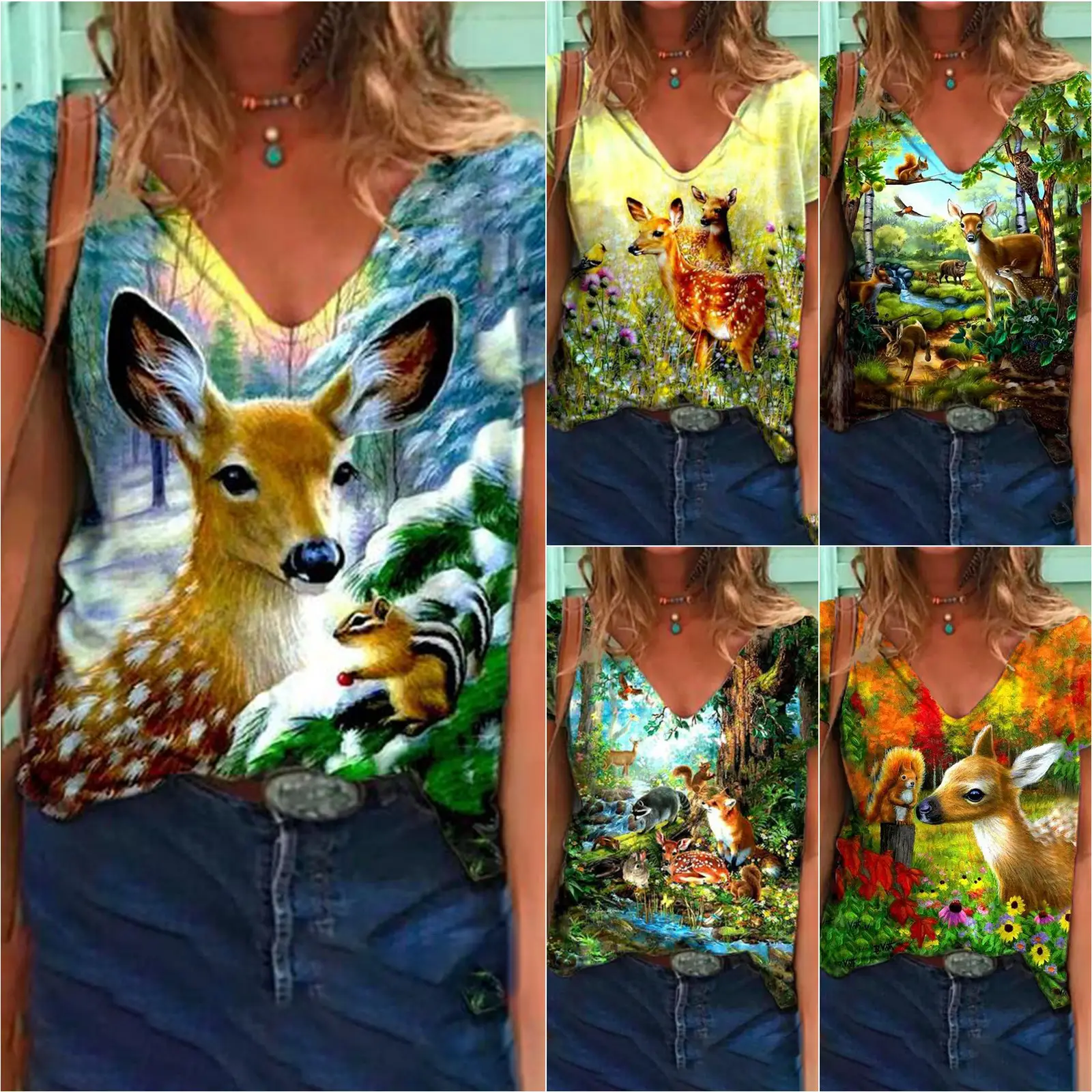 Women Printed V-Neck Pullover Top 2021 Summer — feature 2