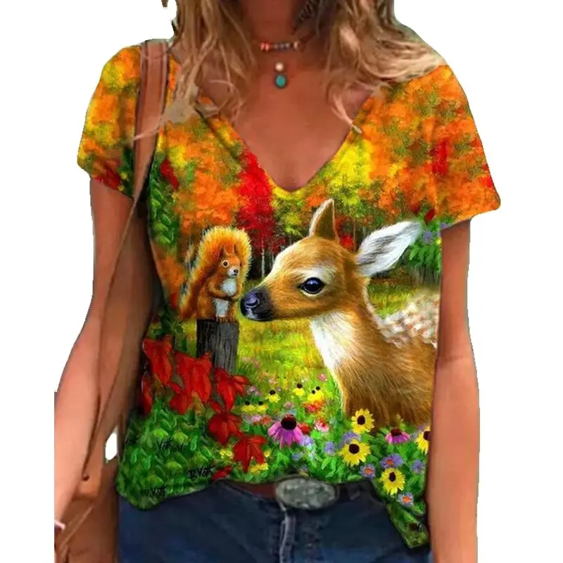 Women Printed V-Neck Pullover Top 2021 Summer — feature 3