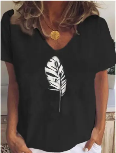 Women Feather Printed V-Neck T-Shirt Pink - Image 9