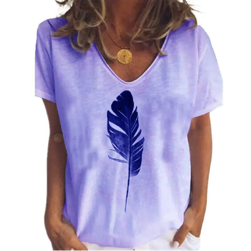 Women Feather Printed V-Neck T-Shirt Pink - Image 10