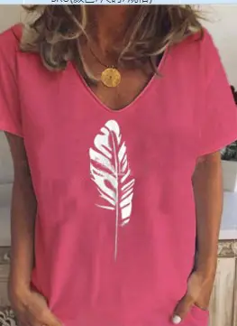 Women Feather Printed V-Neck T-Shirt Pink - Image 5