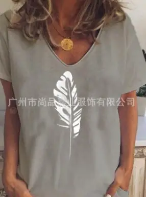 Women Feather Printed V-Neck T-Shirt Pink - Image 6