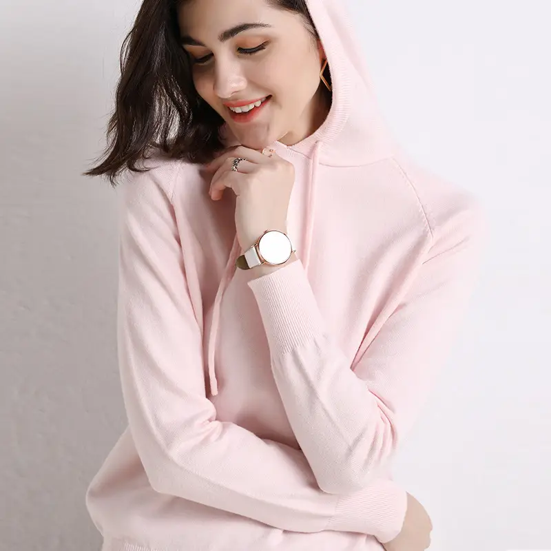 Women Pink Hooded Long Sleeve Sweater Hoodie