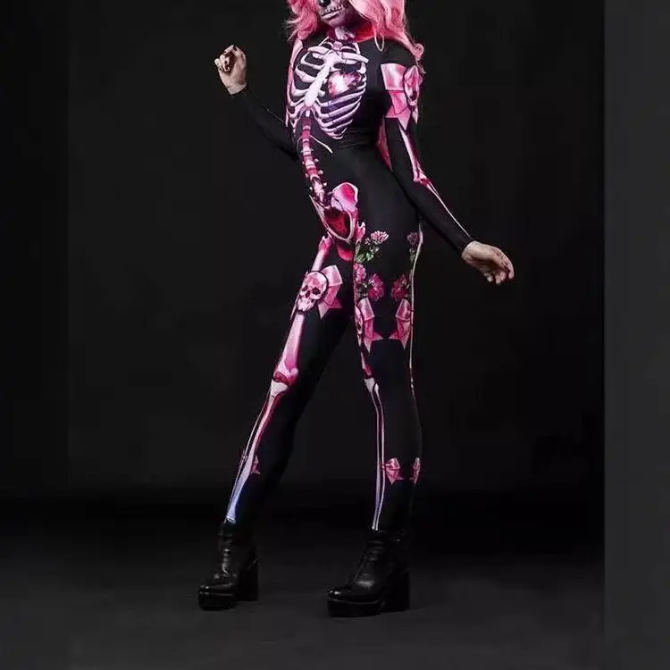 2021 Halloween Skeleton Printed Jumpsuit Pink Black Slim Fit - Image 7