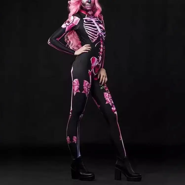 2021 Halloween Skeleton Printed Jumpsuit Pink Black Slim Fit - Image 8