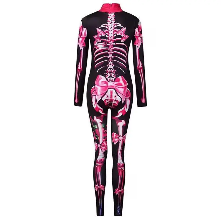 2021 Halloween Skeleton Printed Jumpsuit Pink Black Slim Fit - Image 9