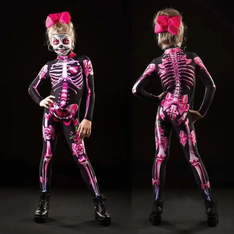 2021 Halloween Skeleton Printed Jumpsuit Pink Black Slim Fit - Image 4