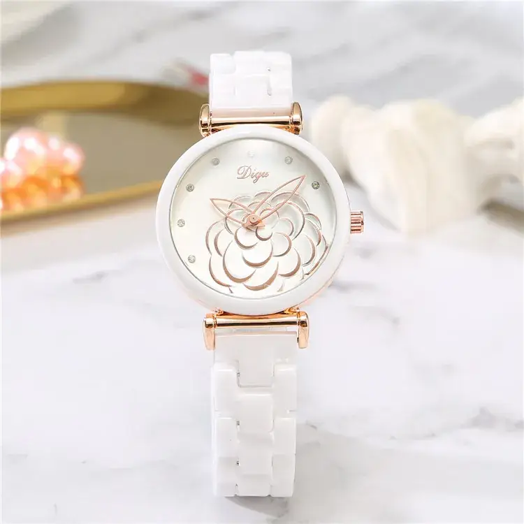 Women's Camellia Rose Gold Watch White Strap - Image 2