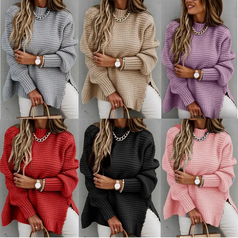 Women Grey Knitted Half Turtleneck Sweater - Image 7