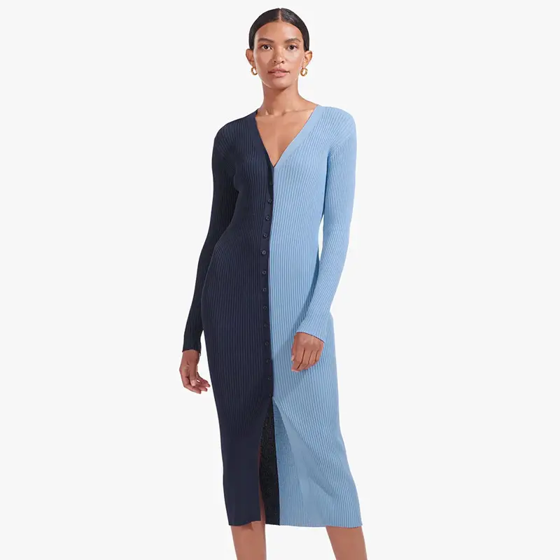 2022 Women's Blue Black Block Button High Waist Dress