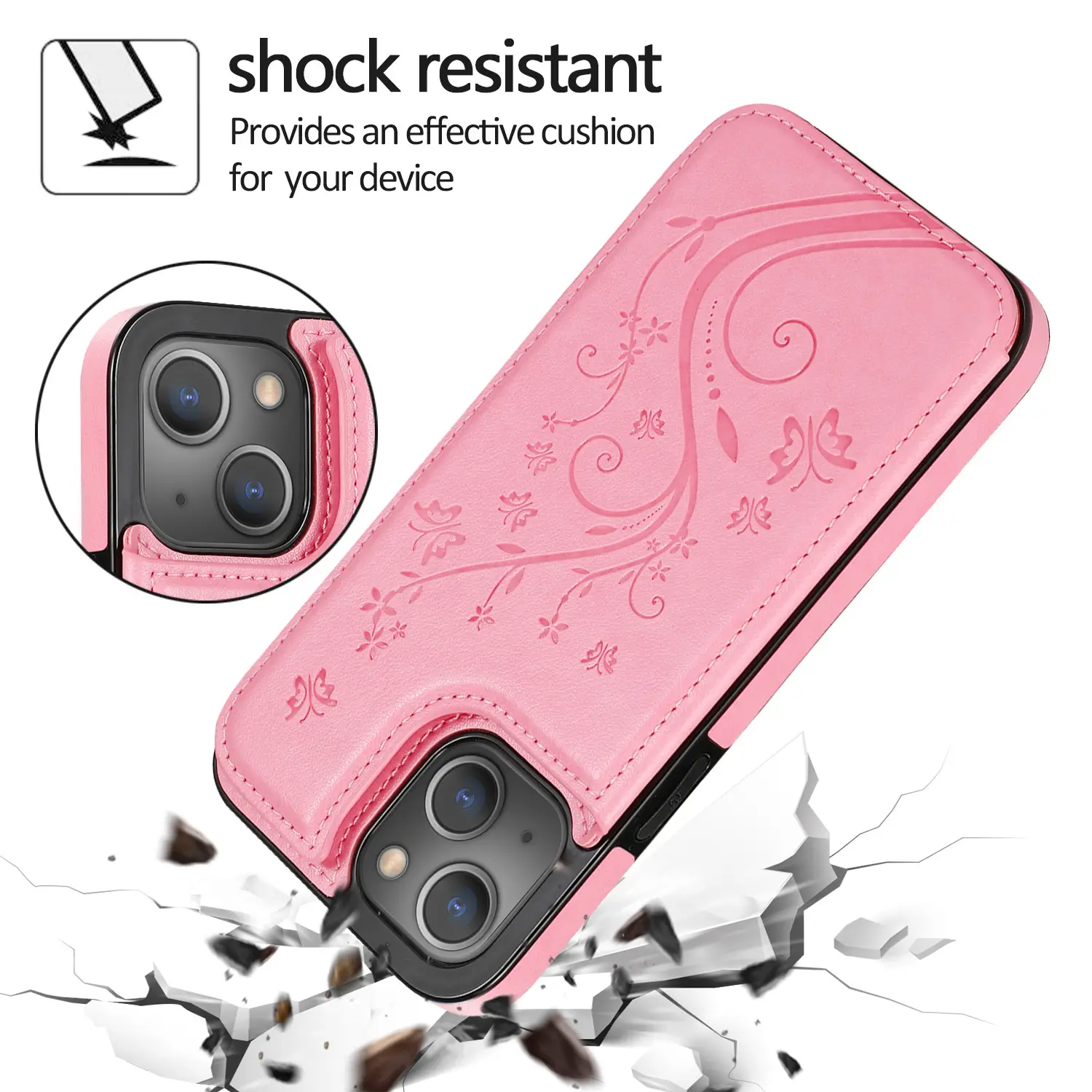 iPhone 13 Leather Butterfly Case Pink 13 Pro
