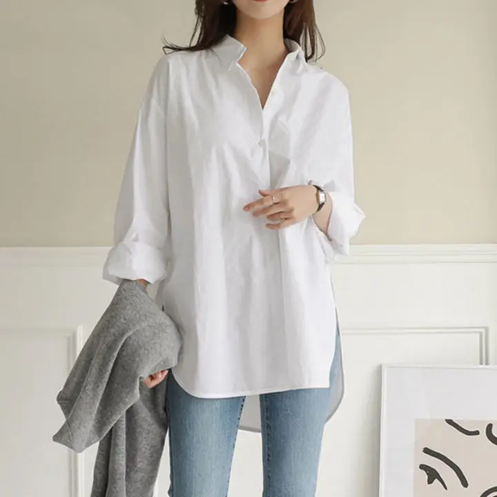 White Long Sleeve Women's Shirt Mid-Length Loose Fit — feature 14