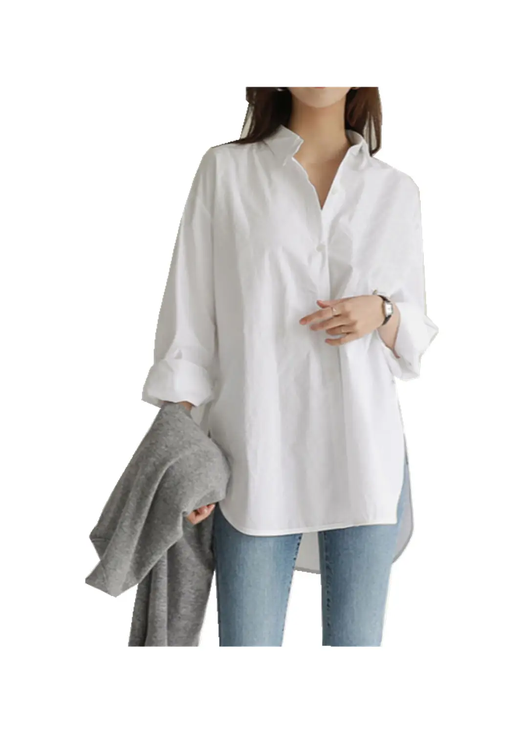 White Long Sleeve Women's Shirt Mid-Length Loose Fit — feature 15
