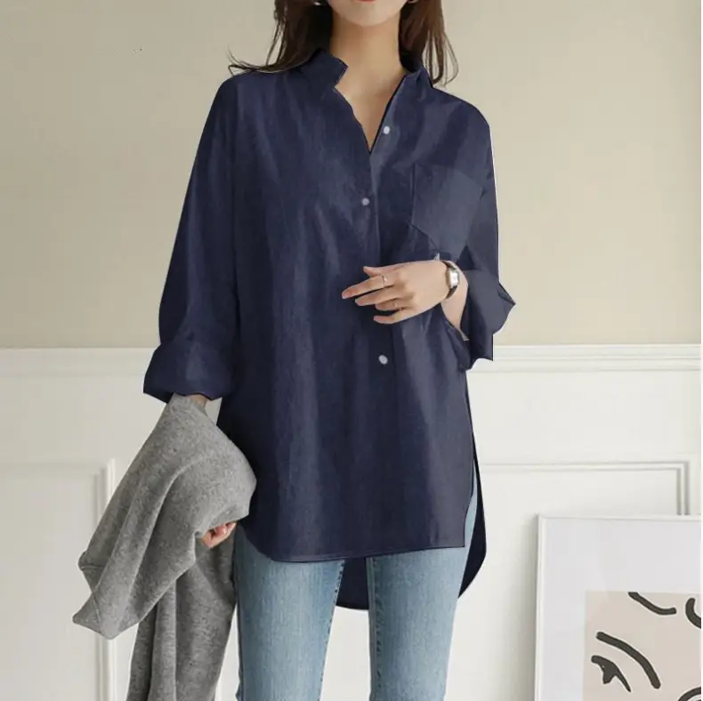 White Long Sleeve Women's Shirt Mid-Length Loose Fit — feature 5
