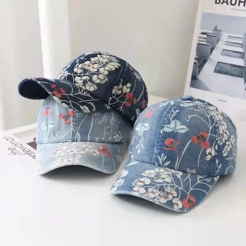 Women's Blue Floral Denim Baseball Cap - Image 4