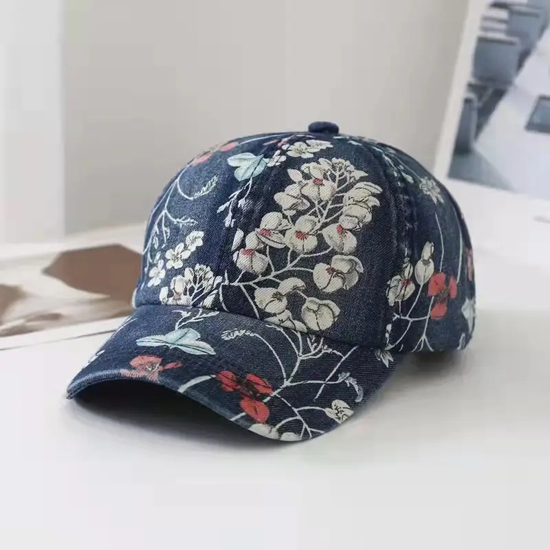 Women's Blue Floral Denim Baseball Cap - Image 6